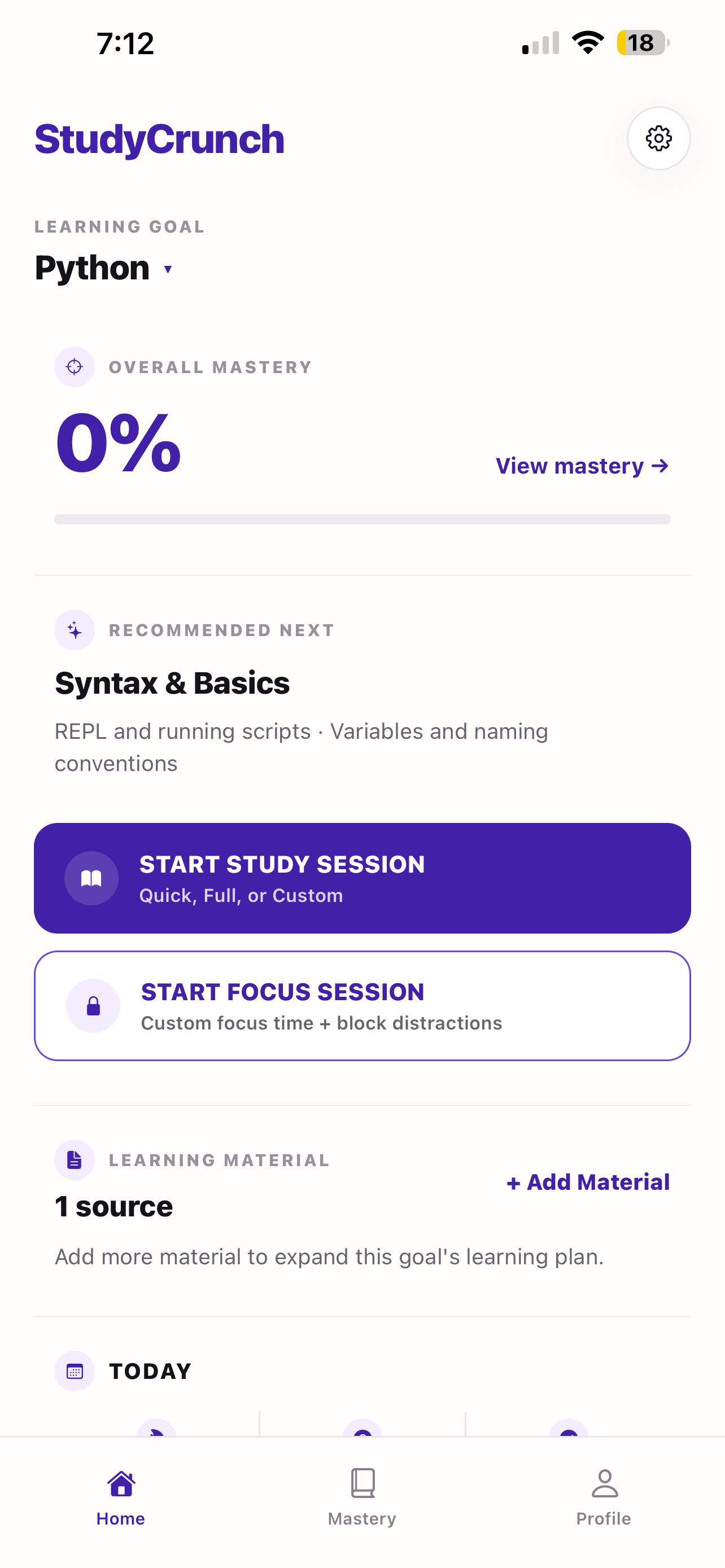 StudyCrunch Home screen showing a Python learning goal, mastery progress, and study and focus session actions